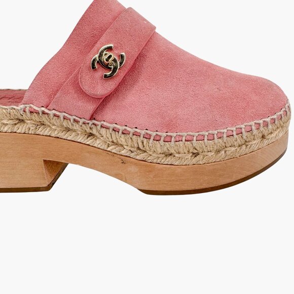 Chanel Turnlock CC Clog Mules Size 37 US 6-6.5 Pink Suede Espadrille Block Heel - Picture 8 of 15